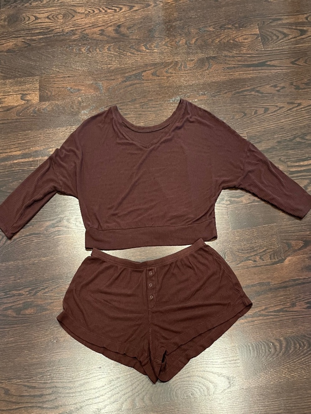 Auden 2-Piece Brown Cozy Baby Doll Ribbed Pajama Loungewear Set L
